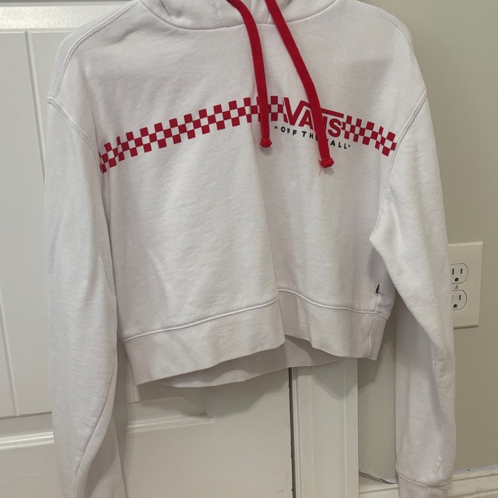 Vans Women's White Hoodie with Red Checkered Design